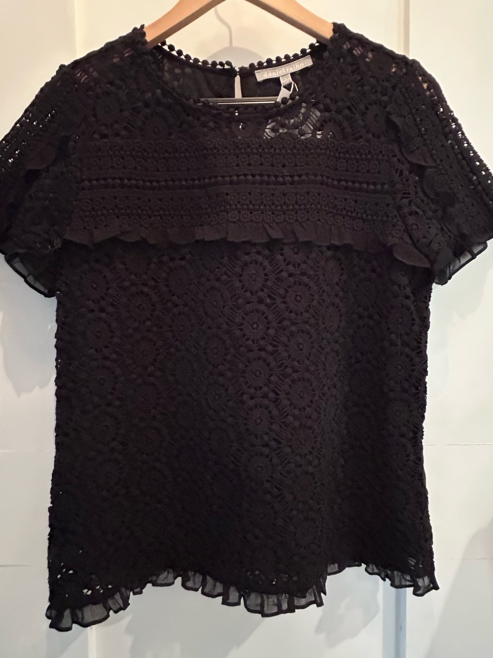 Daniel Rainn Black Crochet Lace Flutter Sleeve Blouse, NWTs